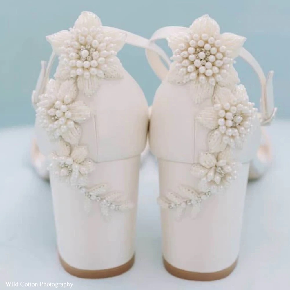 Bella Belle Fabiola Floral Beaded Bridal Heels, White, Block Heel, size 9.5